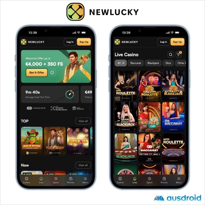 phone screenshots showing Newlucky